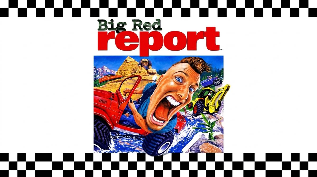 Portada de Big Red Report: el piloto gritando al volante de un jeep rojo